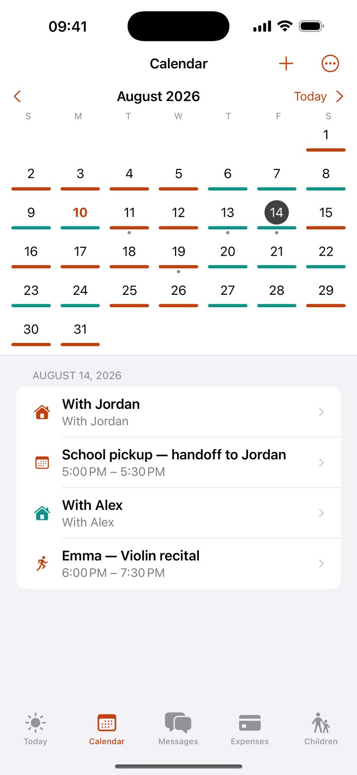 Coparoo's custody calendar: days color-coded by parent and today's hand-off